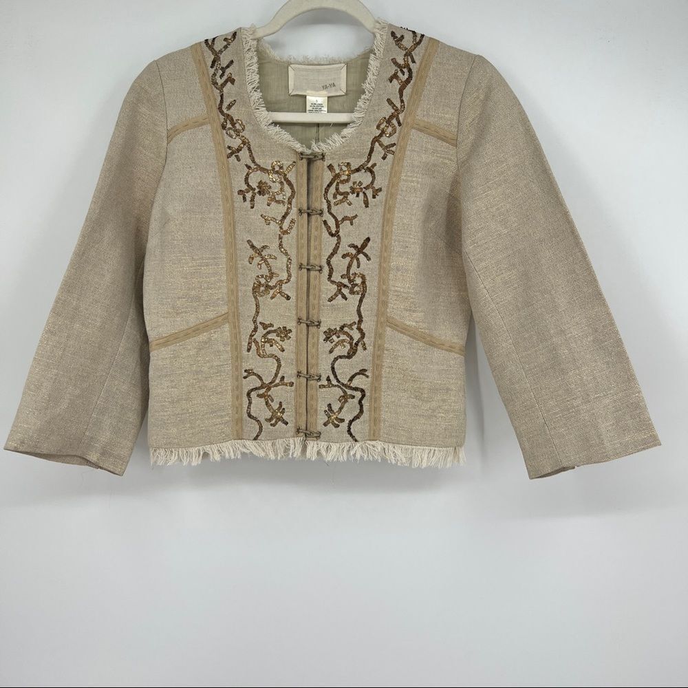 YA-YA Raw Edge Embroidered Canvas Roundneck Hook and Loop Beige Jacket